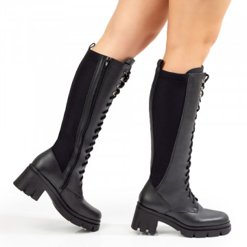 Cizme dama cu siret si fermoar negri din Piele naturala MOD10684, 1, modlet.ro