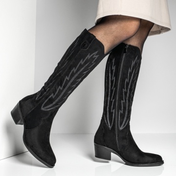 Cizme dama cu toc gros si imprimeu negru suede MOD12641, 3, modlet.ro