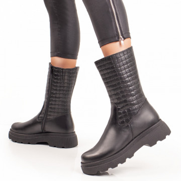 Cizme scurte de dama cu talpa groasa negre din Piele naturala MOD07265, 2, modlet.ro