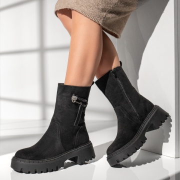 Ghete dama cu accesoriu decorativ negru suede MOD12794, 2, modlet.ro