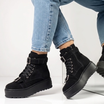 Ghete dama cu talpa groasa negru suede din Piele naturala BIA26, 2, modlet.ro