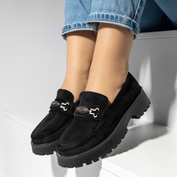 Balerini si Mocasini Dama, Mocasini dama cu talpa groasa si accesoriu decorativ negru suede MOD14251, modlet.ro