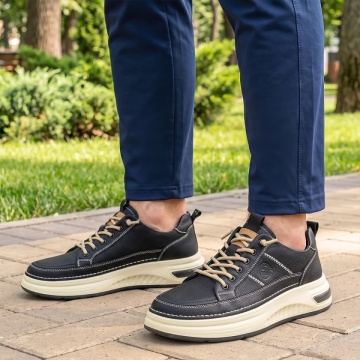 Pantofi casual barbati cu siret elastic negru cu bej MOD13026