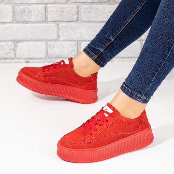 Pantofi casual cu talpa groasa rosii suede din Piele naturala MOD10274, 3, modlet.ro