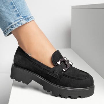 Pantofi casual cu talpa groasa si accesoriu metalic negru suede MOD13247, 3, modlet.ro