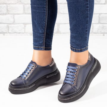 Pantofi casual dama albastri cu talpa groasa din Piele naturala ZEF08301, 3, zeforia.ro