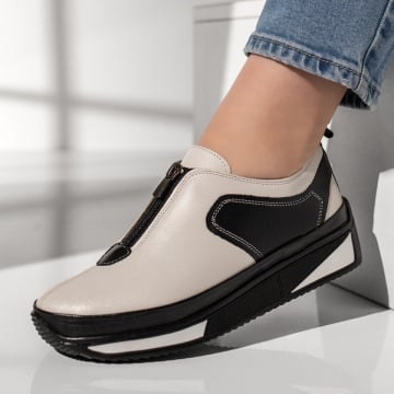 Pantofi casual dama cu fermoar alb cu negru din Piele naturala ZEF13145, 1, zeforia.ro