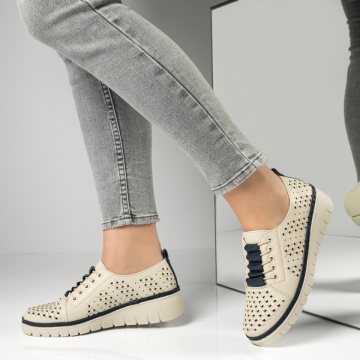 Pantofi casual dama cu perforatii bej cu albastru ZEF13155, 4, zeforia.ro