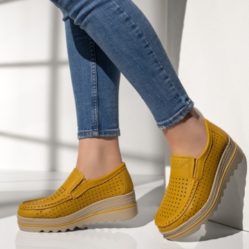 Pantofi casual dama cu perforatii galbeni din Piele naturala MOD13102, 2, modlet.ro