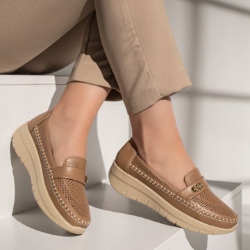 Pantofi casual dama cu platforma si perforatii khaki ZEF13086, 3, zeforia.ro