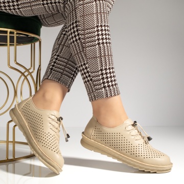 Pantofi casual dama cu siret elastic si perforatii bej MOD13226, 4, modlet.ro