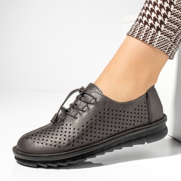 Pantofi casual dama cu siret elastic si perforatii gri MOD13226, 2, modlet.ro