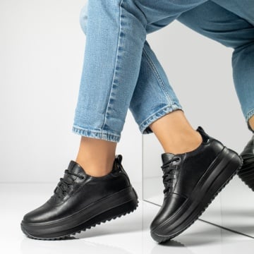 Pantofi casual cu platforma, Pantofi casual dama cu siret si talpa groasa negri din Piele naturala MOD14016, modlet.ro