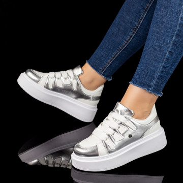 Pantofi casual dama cu talpa groasa albi cu argintiu MOD10430, 2, modlet.ro
