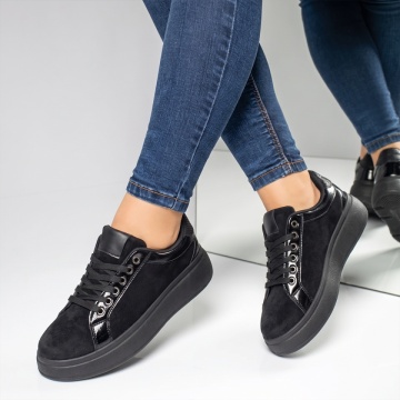 Pantofi casual dama cu talpa groasa negru suede NORA2