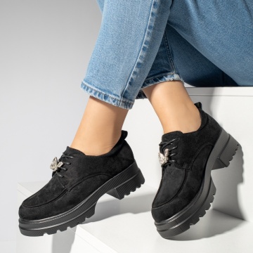 Pantofi casual dama cu talpa groasa si accesoriu metalic negru suede MOD13248, 3, modlet.ro