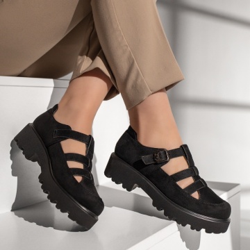 Pantofi casual dama cu talpa groasa si bareta negru suede MOD13092, 3, modlet.ro