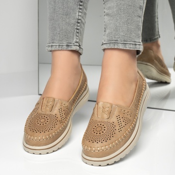 Pantofi casual dama cu talpa joasa si perforatii khaki MOD13167, 3, modlet.ro