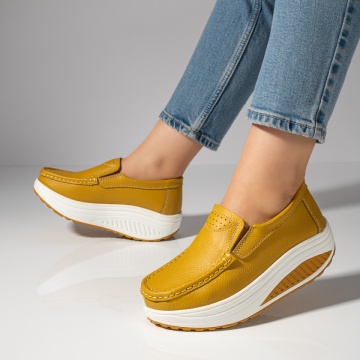 Pantofi casual dama galbeni cu talpa groasa din Piele natural MOD03867, 1, modlet.ro