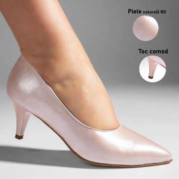Pantofi cu toc dama roz sidefat din Piele naturala MOD11004, 3, modlet.ro