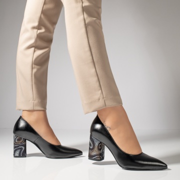 Pantofi cu toc dama si print negri din Piele naturala MOD12047, 2, modlet.ro