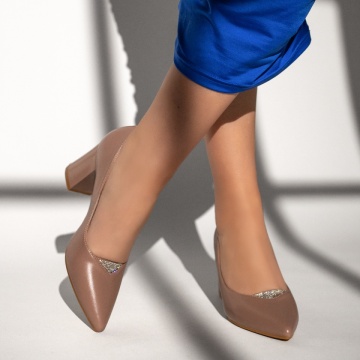 Pantofi cu toc gros dama bej inchis MOD13361, 2, modlet.ro