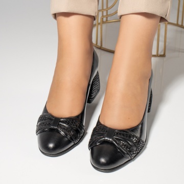Pantofi cu toc gros dama cu imprimeu negri din Piele naturala MOD12050, 4, modlet.ro