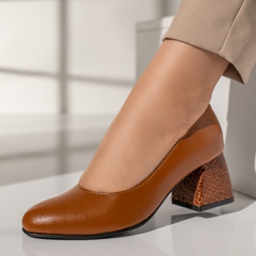 Pantofi cu toc gros dama maro din Piele naturala MOD12048, 1, modlet.ro