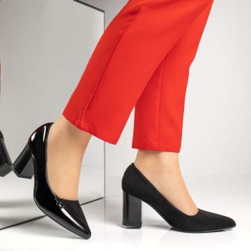 Pantofi cu toc gros dama negru cu aspect lucios MOD13362, 3, modlet.ro