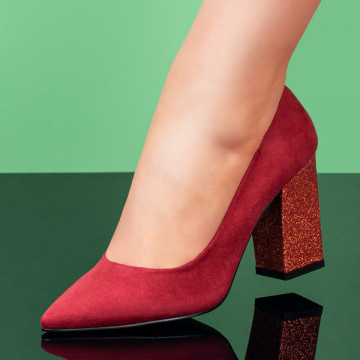 Pantofi cu toc gros dama visinii suede glitter MOD08378, 3, modlet.ro