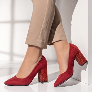 Pantofi cu toc gros dama visinii suede glitter MOD08378, 2, modlet.ro