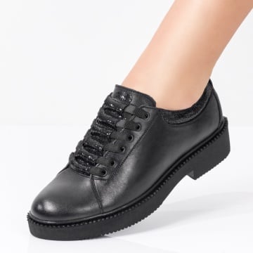 Pantofi dama casual din Piele naturala negri cu siret ZEF03552, 1, zeforia.ro