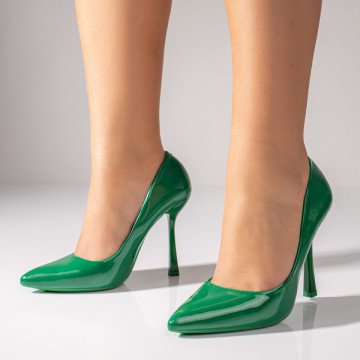 Pantofi dama cu toc conic si aspect lacuit verde MOD07812, 3, modlet.ro