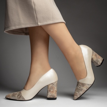 Pantofi dama cu toc gros bej cu imprimeu din Piele naturala MOD13133, 2, modlet.ro
