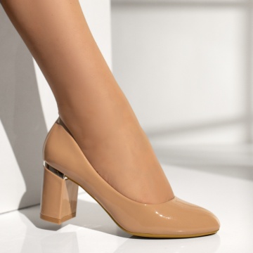 Pantofi dama cu toc gros bej luciosi MOD09698, 4, modlet.ro