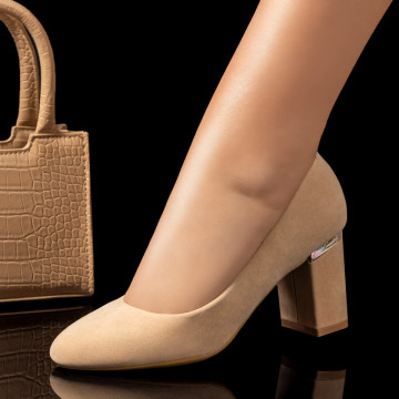 Pantofi dama cu toc gros bej suede MOD09698, 1, modlet.ro