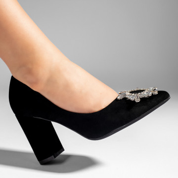 Pantofi dama cu toc gros si accesoriu metalic negri suede MOD10984, 1, modlet.ro
