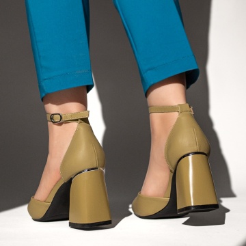 Pantofi dama cu toc gros si bareta verzi cu aspect mat MOD13101, 2, modlet.ro