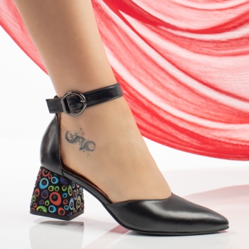 Pantofi dama cu toc gros si imprimeu negri din Piele naturala MOD11066, 3, modlet.ro