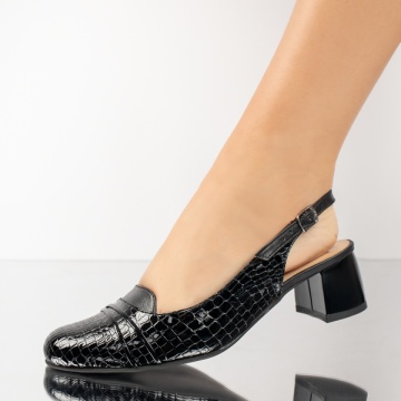 Pantofi dama cu toc gros si imprimeu negri din Piele naturala MOD13654, 2, modlet.ro