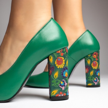 Pantofi dama cu toc gros si imprimeu verde din Piele naturala MOD12738, 4, modlet.ro