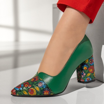 Pantofi dama cu toc gros si model floral verzi din Piele naturala ZEF13133, 1, zeforia.ro
