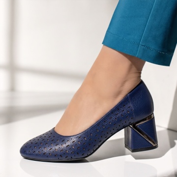 Pantofi dama cu toc gros si perforatii albastru inchis INA25, 2, modlet.ro
