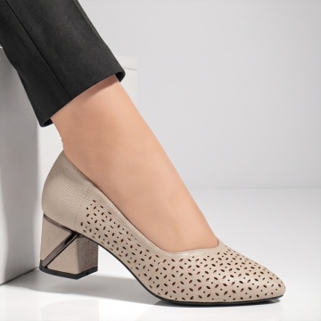 Pantofi dama cu toc gros si perforatii gri deschis INA24, 3, modlet.ro