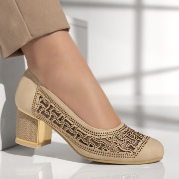 Pantofi dama cu toc gros si pietre aplicate bej MOD13011, 4, modlet.ro