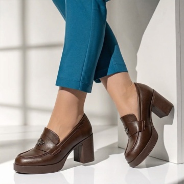 Pantofi cu toc si platforma dama, Pantofi dama cu toc gros si platforma maro ANA86, modlet.ro