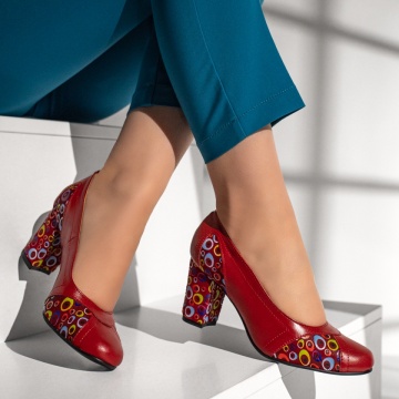 Pantofi dama cu toc gros si print rosii din Piele naturala MOD13080, 3, modlet.ro