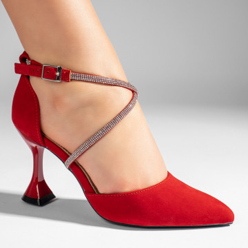 Pantofi dama cu toc si aplicatii cu pietre rosii suede LIA90, 4, modlet.ro