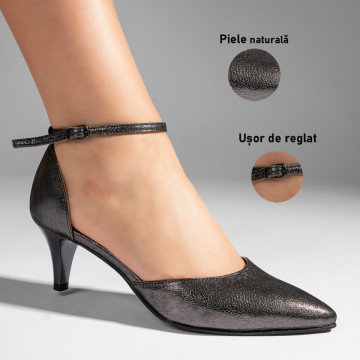 Pantofi dama cu toc si bareta gri sidefat din Piele naturala MOD11064, 3, modlet.ro