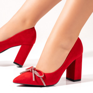 Pantofi dama cu toc si fundita rosii suede MOD06131, 2, modlet.ro